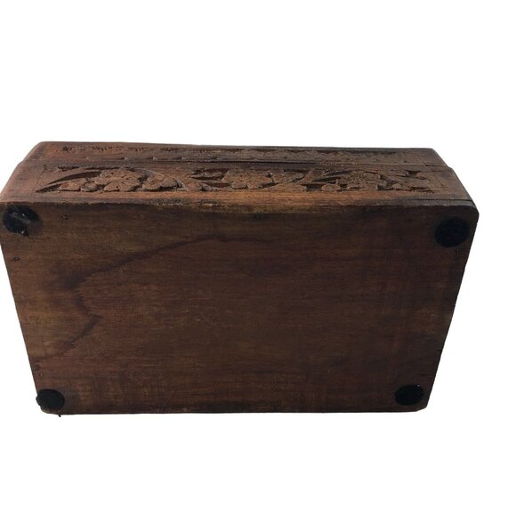 Wood Jewelry Chest Storage Box Inlay Carved Floral Pattern Solid Mid Century u - Picture 9 of 9